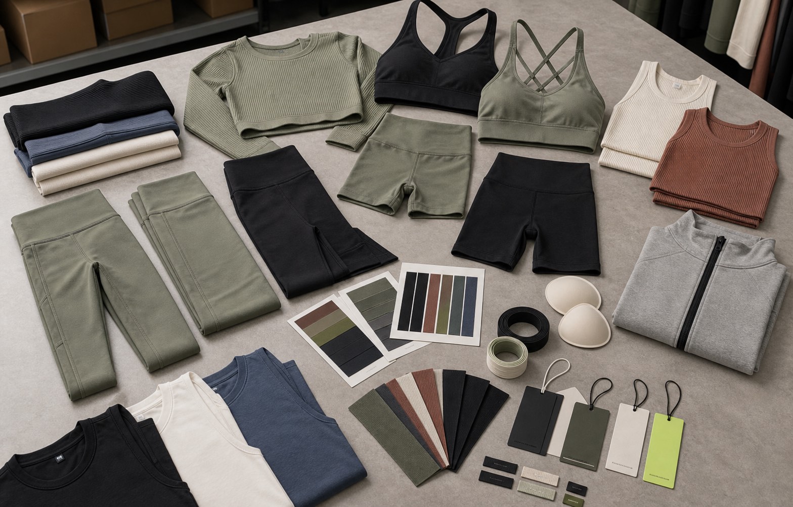 New private label yoga activewear capsule with leggings sports bras biker shorts swatches labels and hangtags