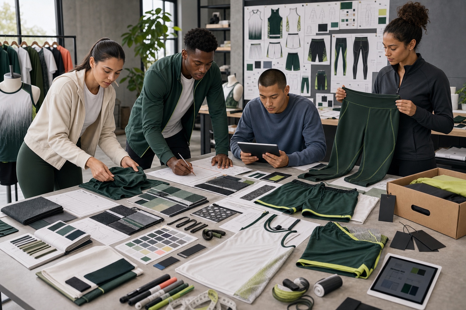 OEM and ODM sportswear design development table with samples and fabrics
