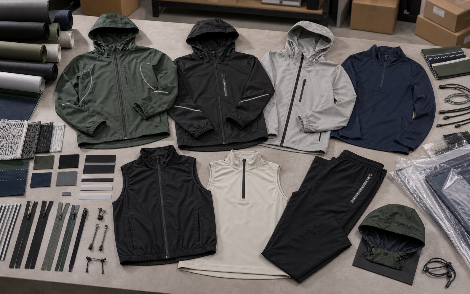 Outdoor windbreakers rain shells quarter zips track pants reflective tape fabric swatches and packaging