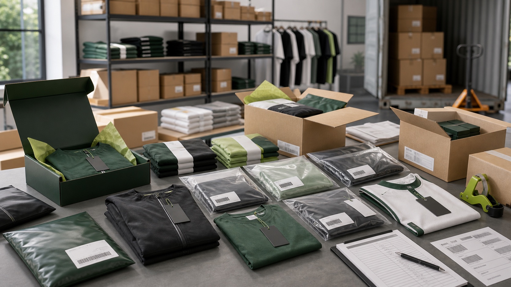 Sportswear packing and shipment cartons with labels and finished garments