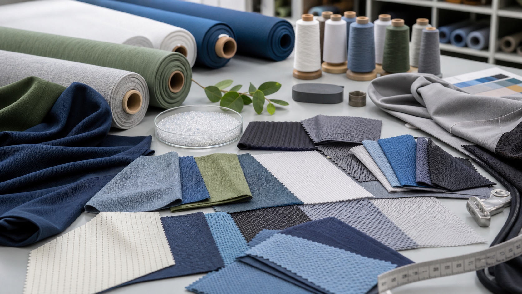 Performance sportswear fabric swatches yarns recycled material and color cards in a textile lab