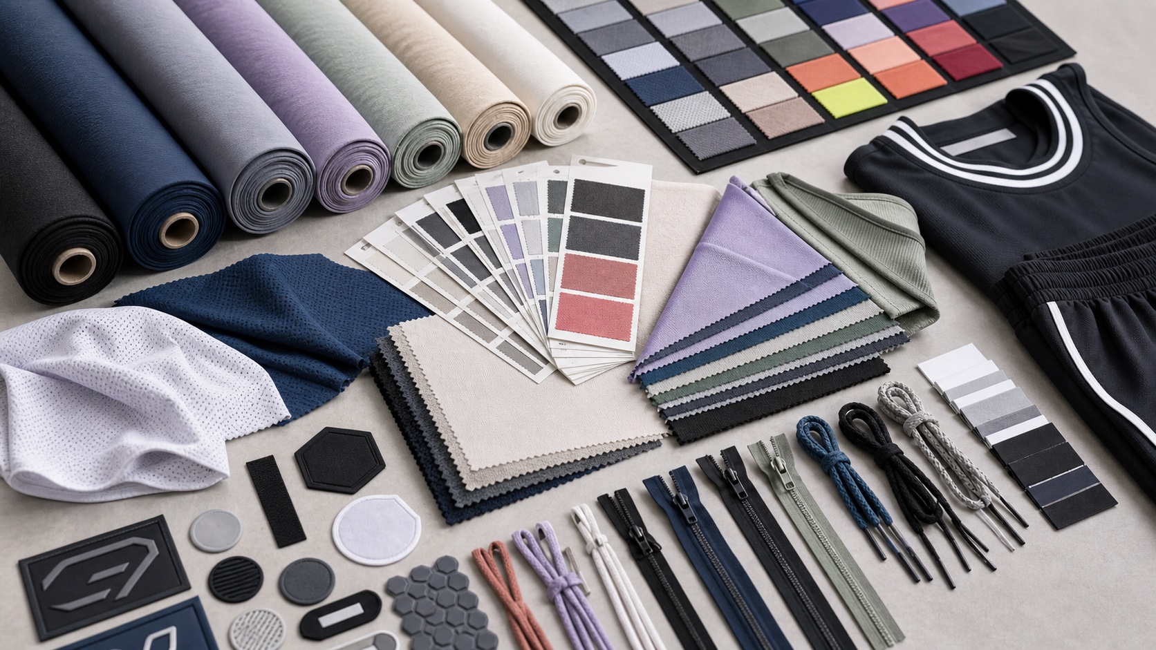 Performance sportswear fabric trims zippers labels and color swatches for OEM activewear