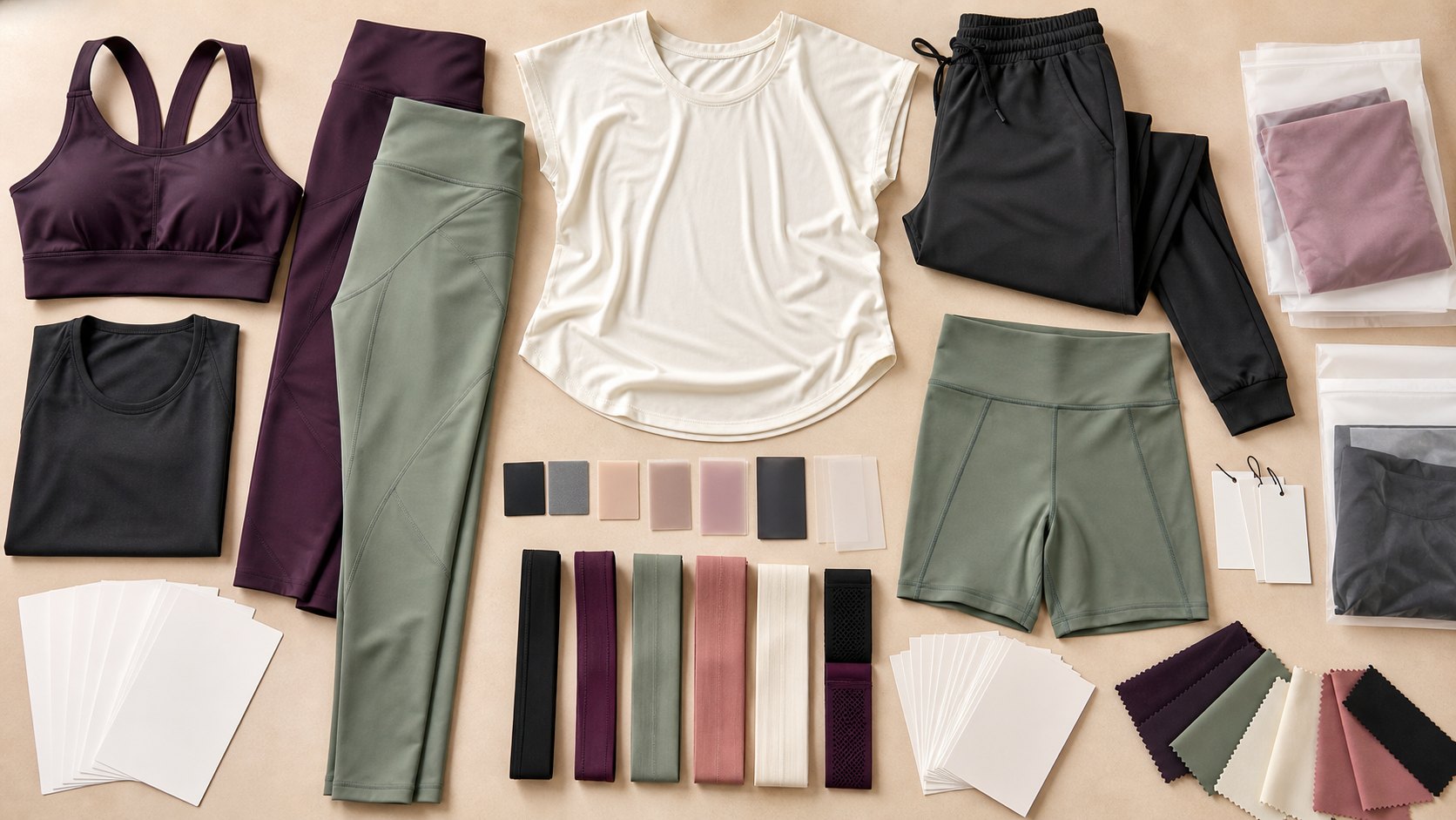 Plus size activewear planning board with inclusive leggings sports bras gym tops size grading labels and packaging