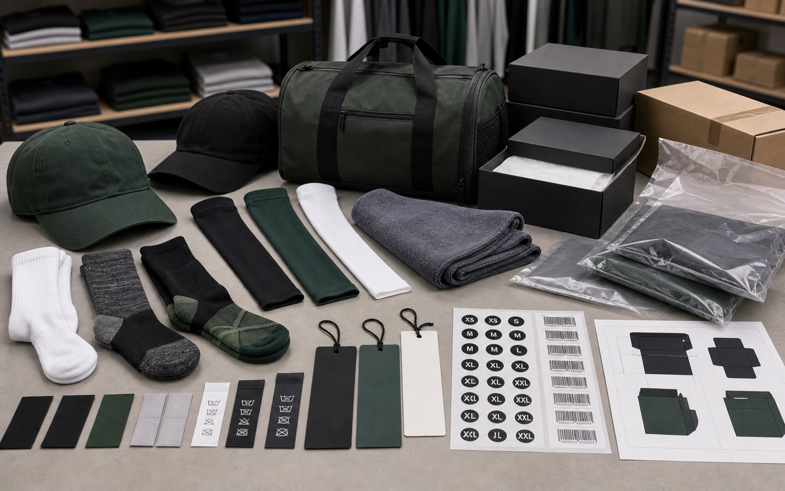 Sports accessories socks caps gym bag sleeves towel labels hangtags size stickers polybags boxes and custom retail packaging system