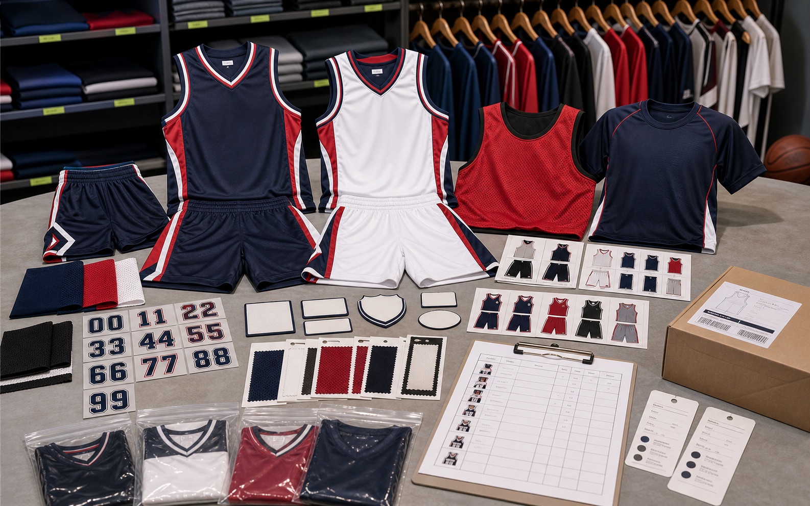 Custom basketball uniforms with jerseys shorts practice vest shooting shirt socks number patches and roster packing cards