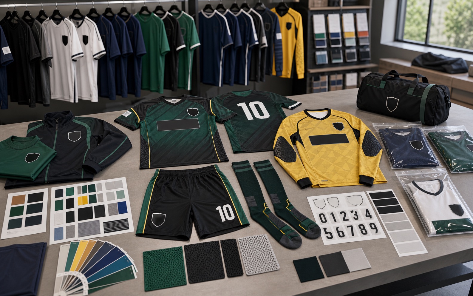 Custom football kits with match jerseys shorts socks goalkeeper top training jacket patches number sheets and team packing