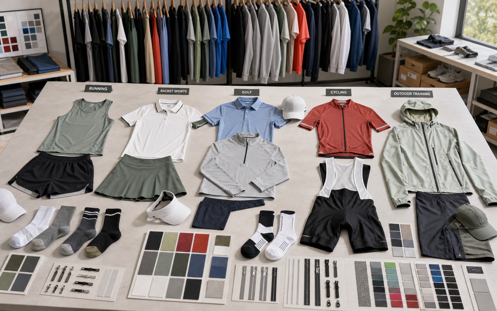Custom running racket sports golf cycling outdoor training apparel with socks caps trims fabric swatches and performance accessories