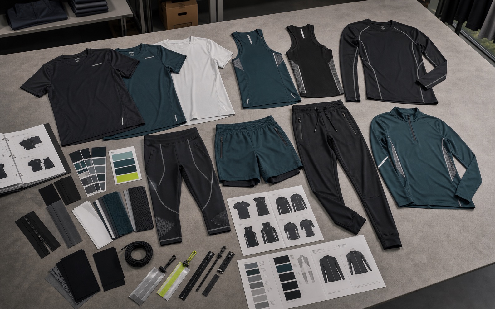 Premium custom training wear with gym tees tanks compression tops shorts joggers quarter zips mesh panels and trims