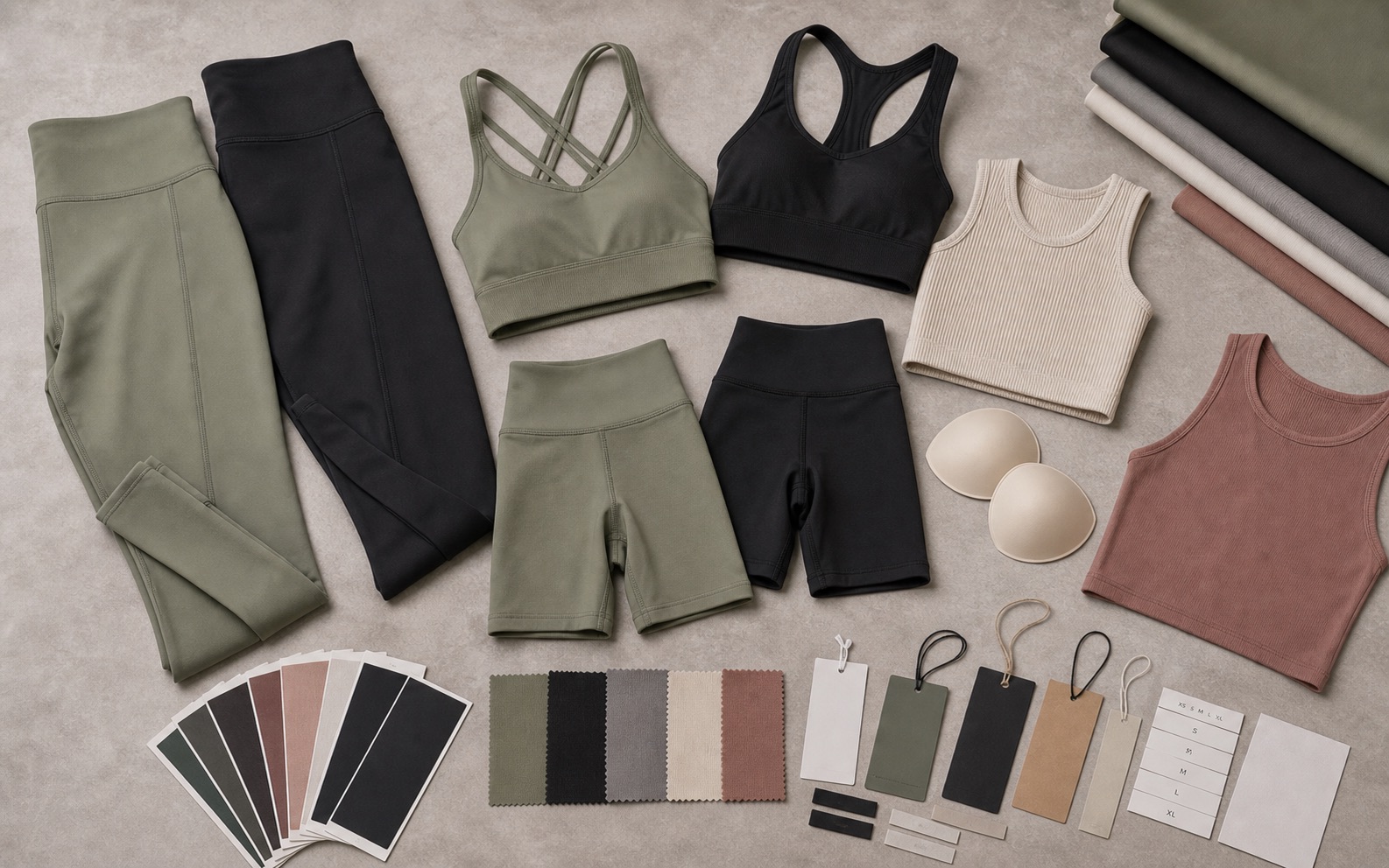 Private label yoga wear collection with leggings sports bras rib tops biker shorts swatches labels and hangtags