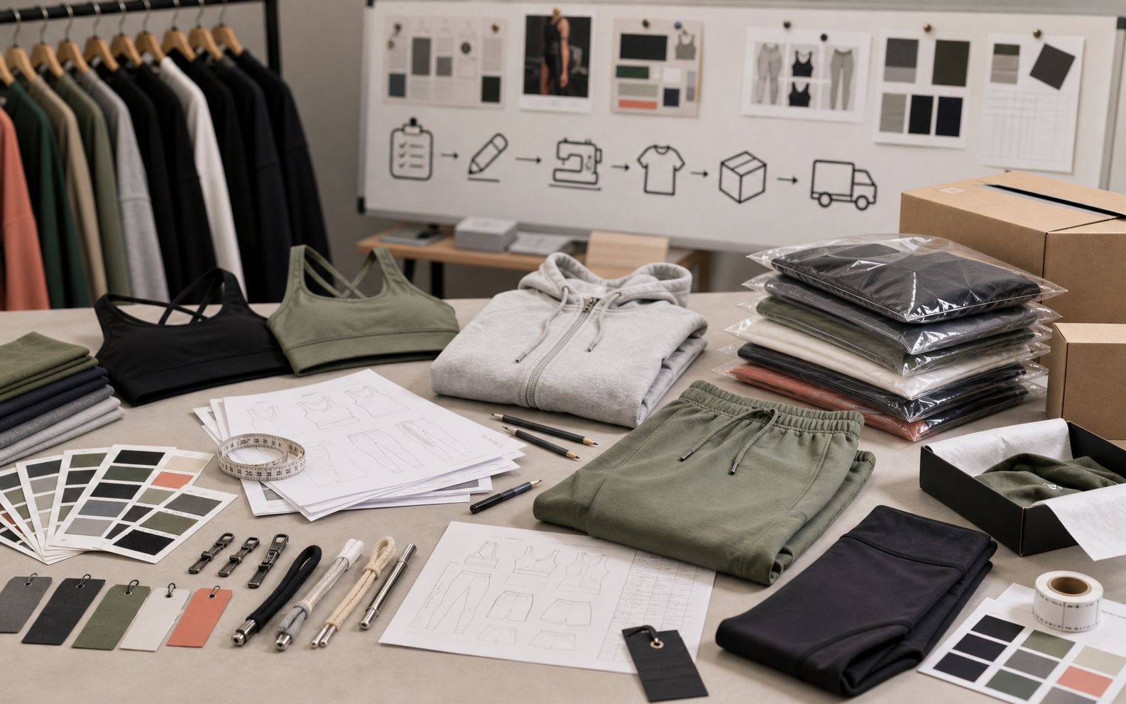 Sportswear production sample room with fit sample fabric swatches pattern paper size chart and packing bags