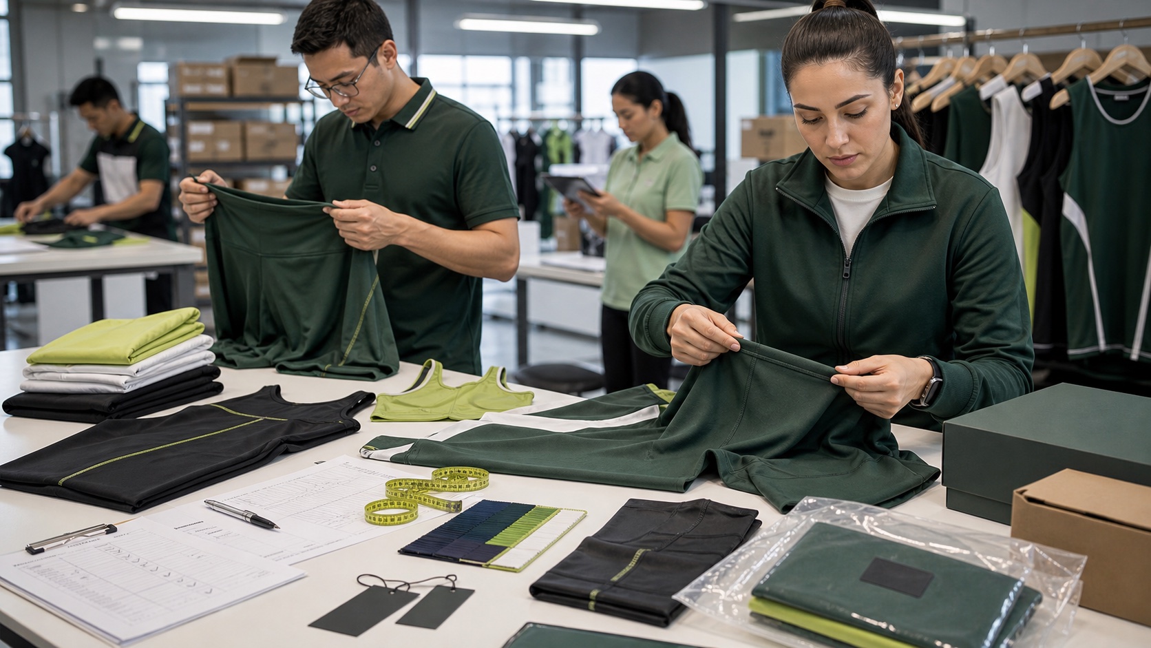 Custom activewear quality control table with garment measurements and inspection notes