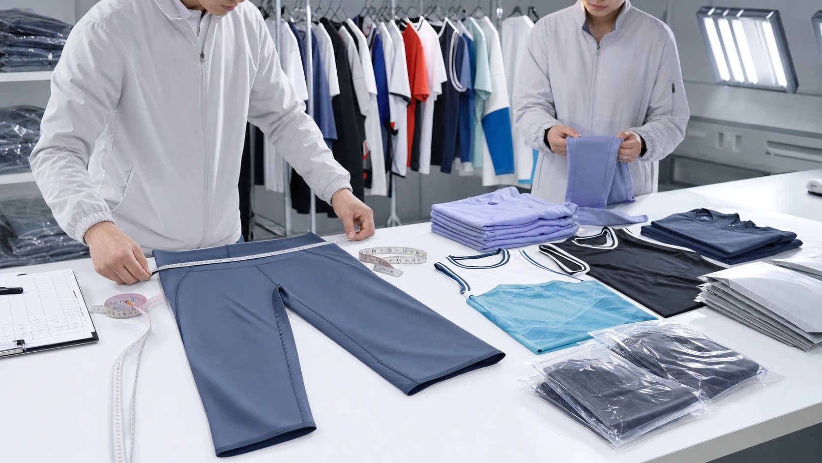 Custom sportswear quality inspection with measurements and packed garments