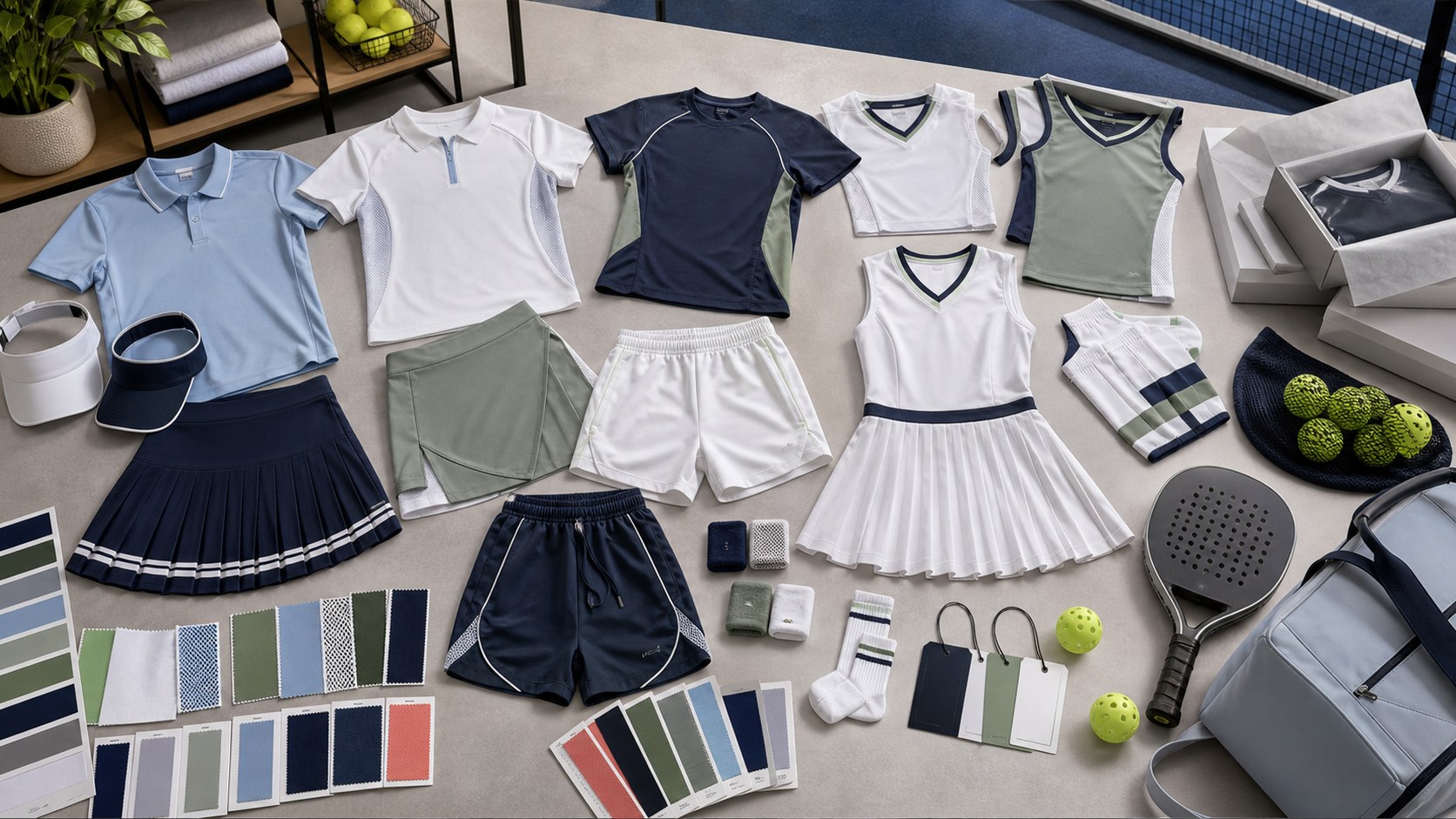 Custom padel tennis and pickleball apparel product board with polos skorts dresses shorts visors socks club color cards and packaging