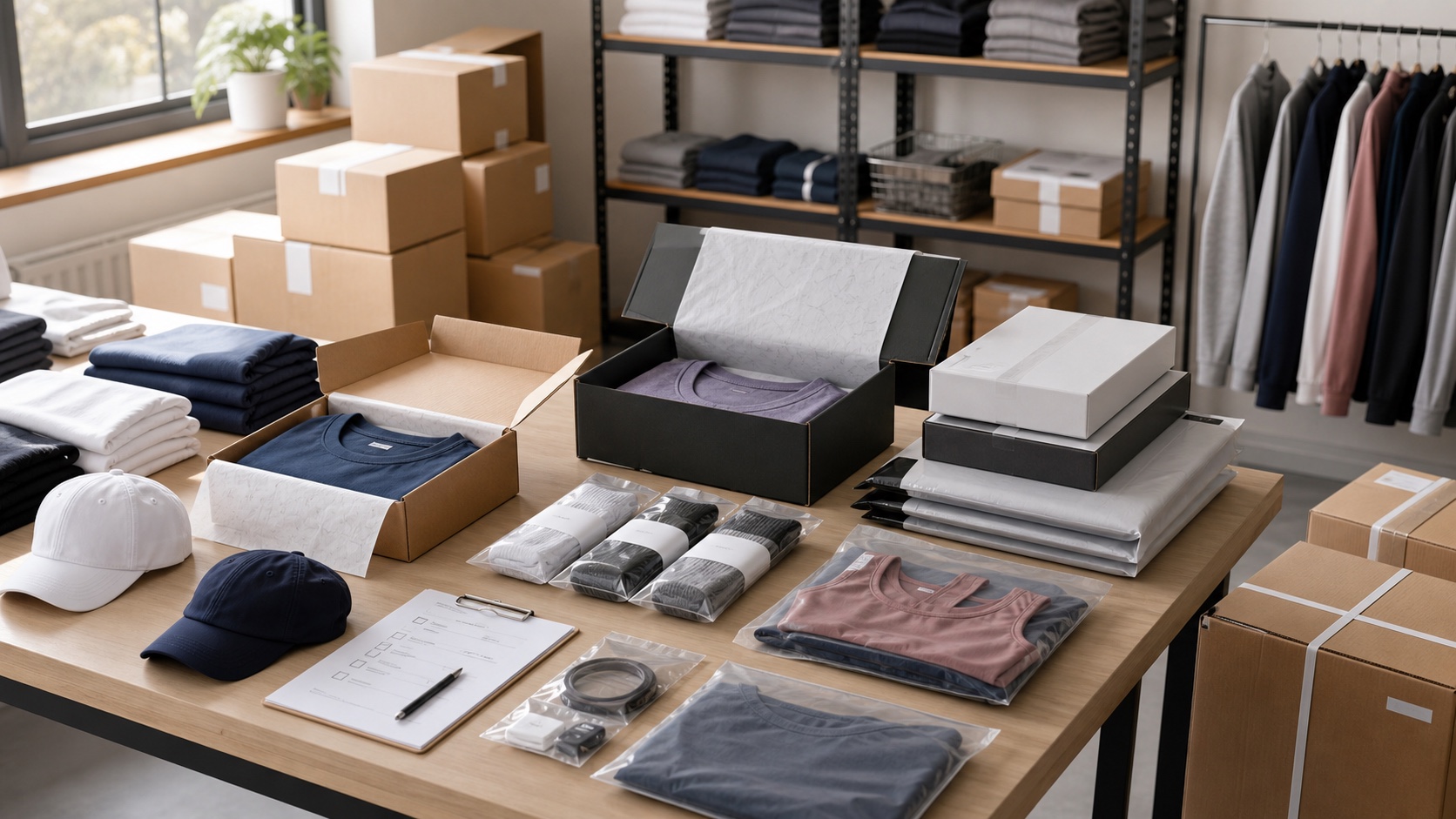Retail ready sportswear packaging with cartons boxes polybags socks caps and apparel