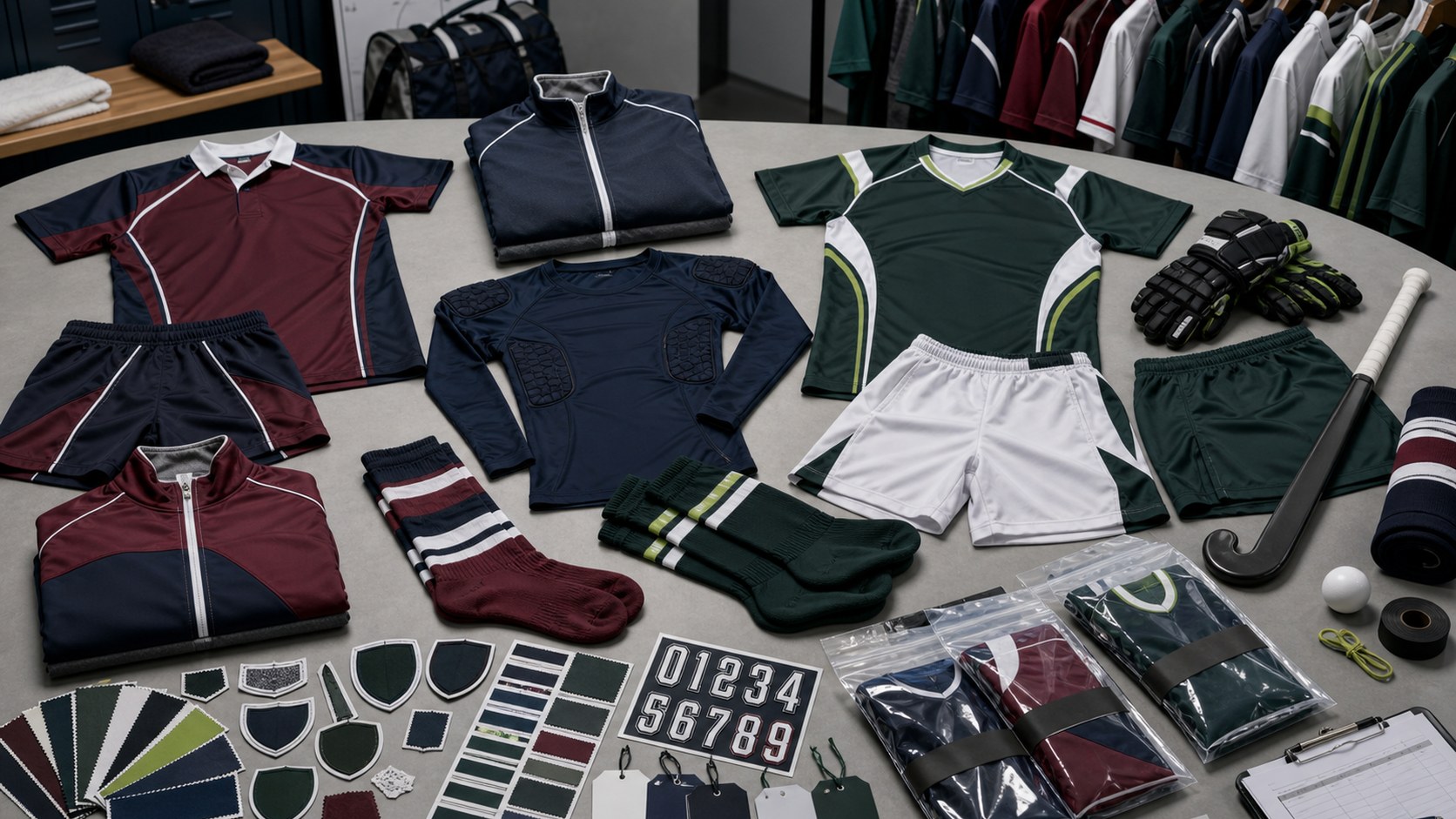 Custom rugby and field hockey teamwear board with uniforms training tops shorts socks patches and labels