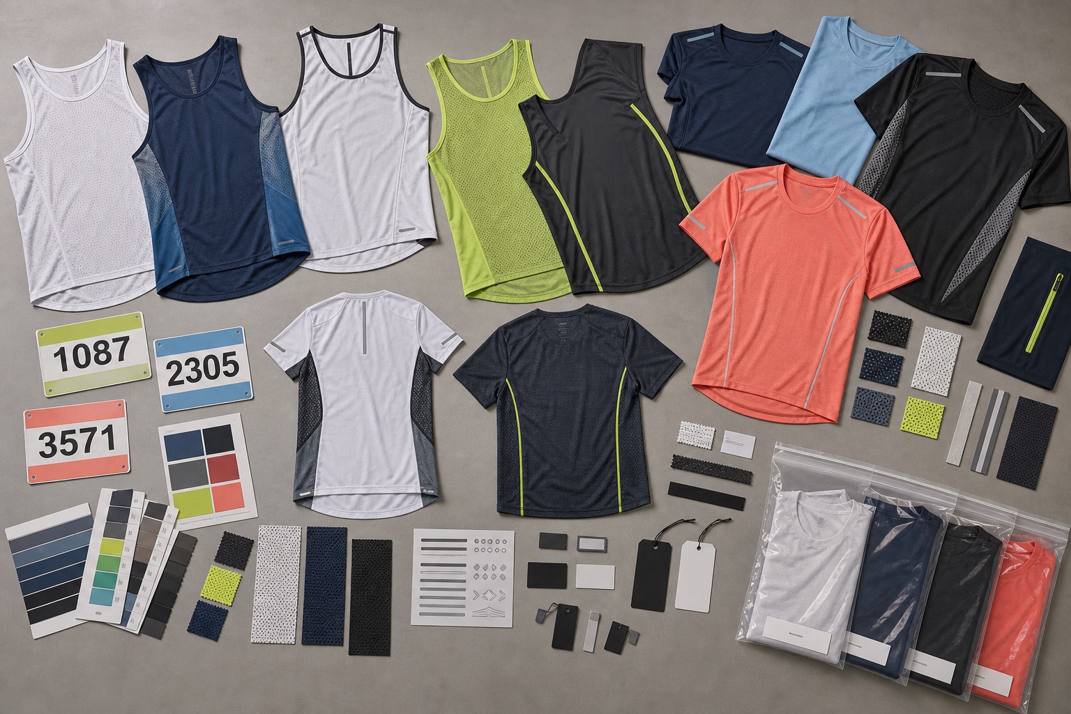 Custom running singlets and running shirts manufacturer catalog with race singlets marathon tees mesh panels reflective trims labels and packaging