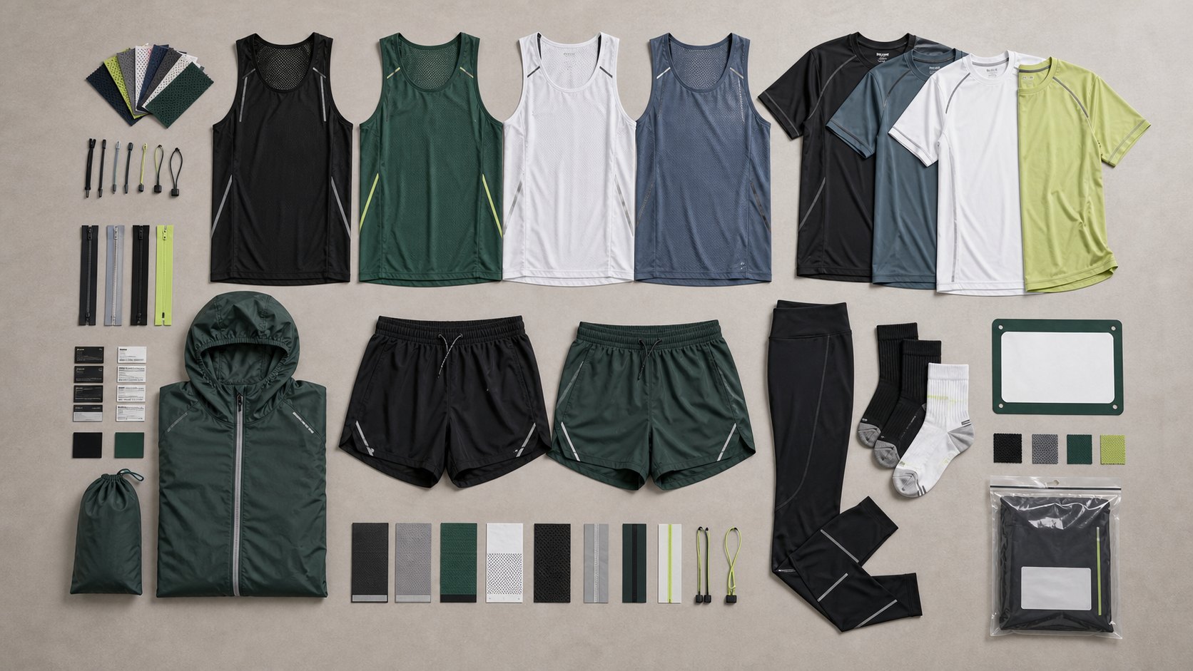 Custom running and endurance wear with race singlets tees split shorts tights wind jackets reflective trims and packaging