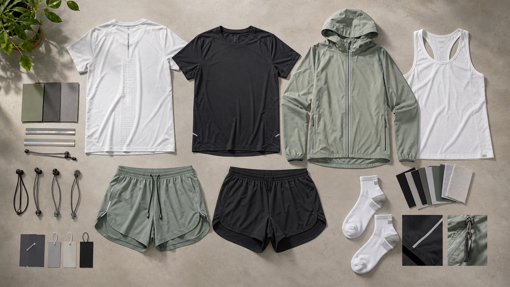 Custom running wear catalog with race singlets split shorts tights jackets and reflective trims