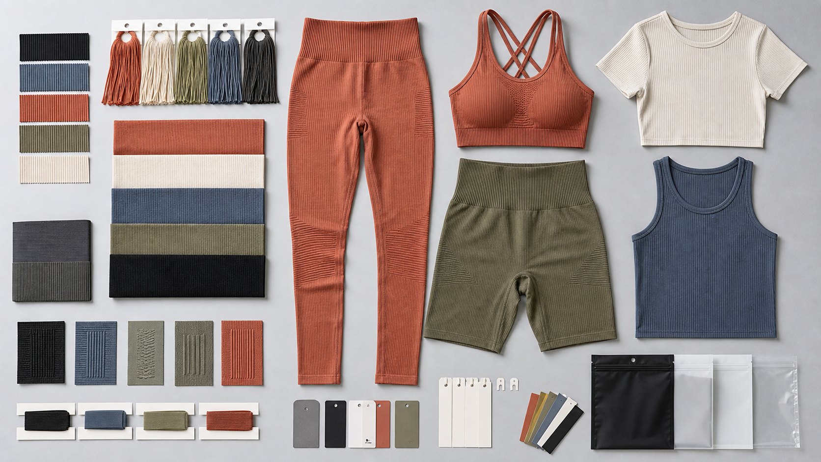 Seamless activewear collection with seamless leggings ribbed sports bras crop tops biker shorts labels and packaging