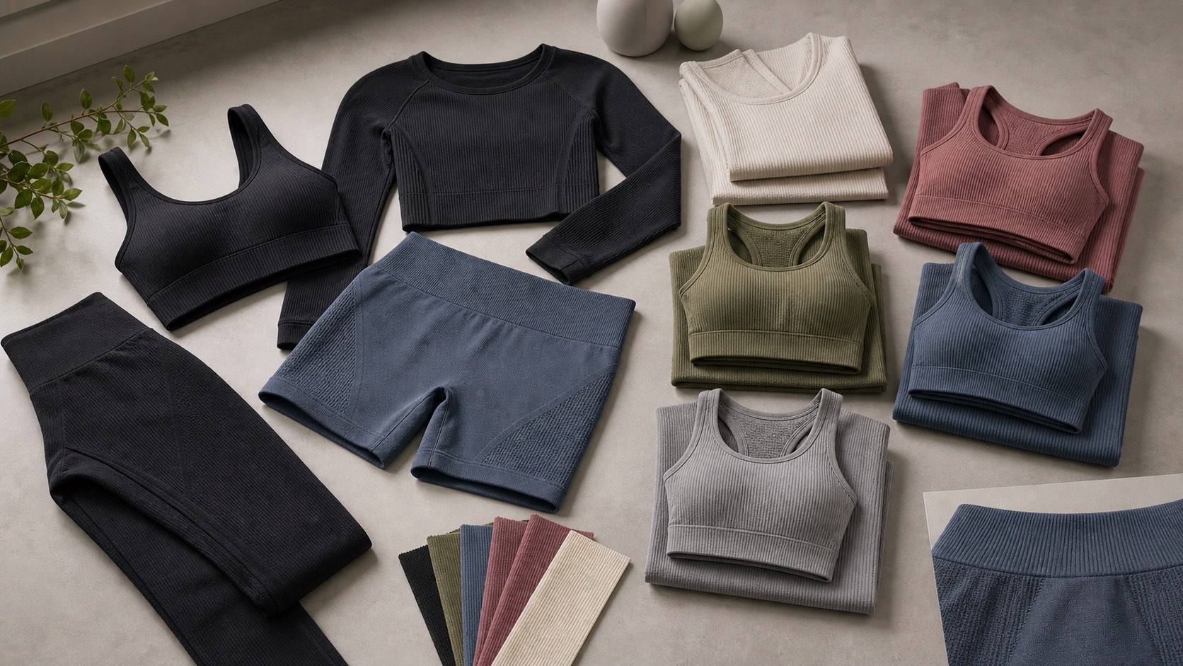 Private label seamless yoga sets with leggings sports bras fabric swatches labels and color cards