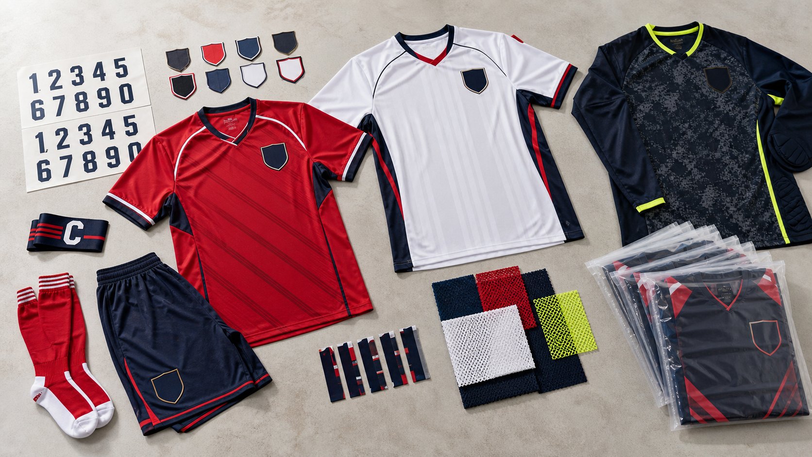 Custom soccer uniform manufacturer catalog with jerseys shorts socks goalkeeper kits sponsor logos names numbers and roster packing