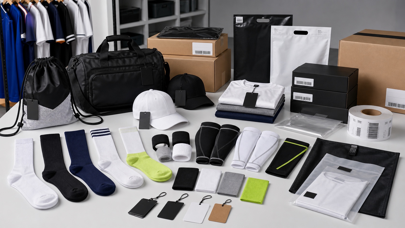 Sports accessories socks caps bags sleeves and custom retail packaging system