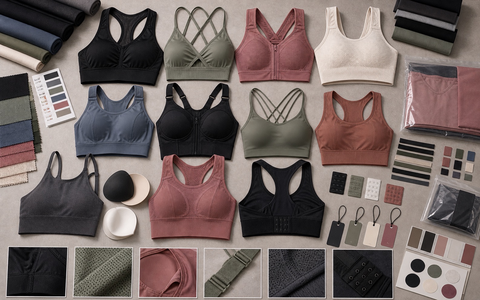 Custom sports bra manufacturer catalog with racerback strappy longline high support bras removable pads mesh lining labels and packaging