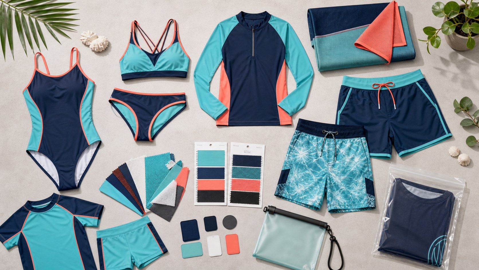 Rash guards swim trunks board shorts surf shirts kids swim sets fabric swatches labels and pouch packaging