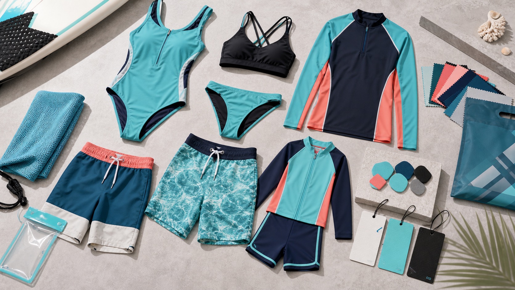 Custom swimwear and water sports catalog with swimsuits rash guards trunks board shorts and waterproof pouches