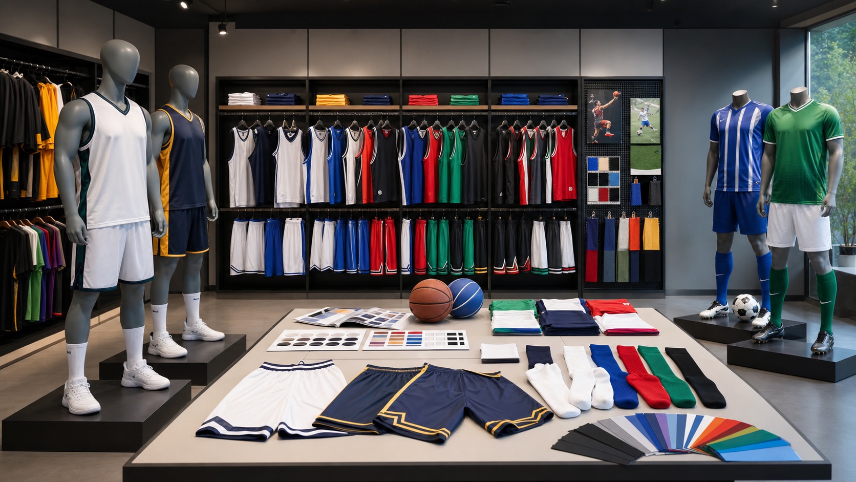 Custom teamwear showroom with basketball uniforms football kits socks and color swatches