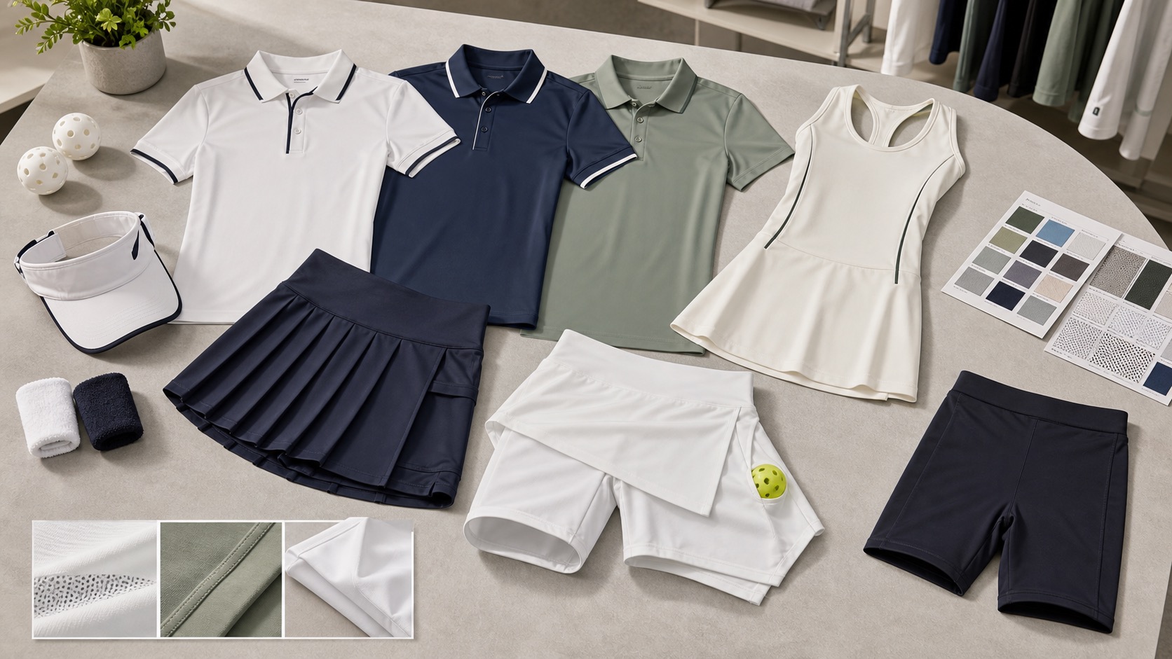Custom tennis and pickleball apparel catalog with polos skorts dresses visors and wristbands