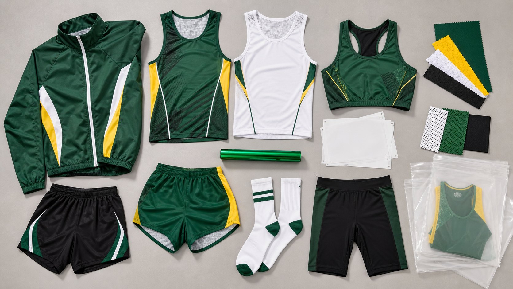 Custom track and field uniform manufacturer catalog with track singlets running shorts warm-ups compression layers socks and athlete packing