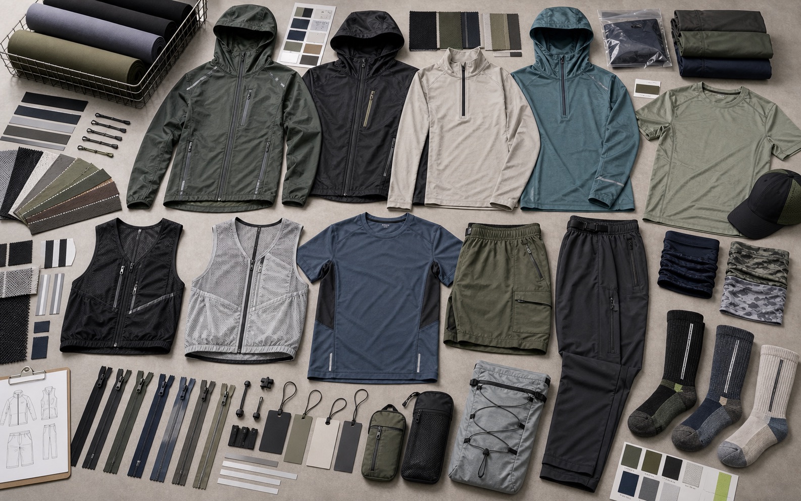 Custom trail running and hiking apparel with shell jackets sun hoodies trail tops cargo shorts trekking pants caps socks trims labels and packaging