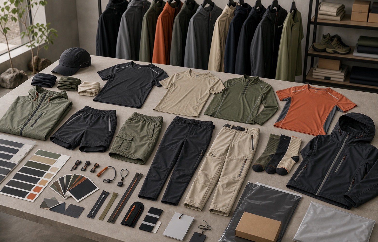 Trail running tops hiking shirts shell jackets trekking pants cargo shorts caps gaiters reflective trims labels and packaging