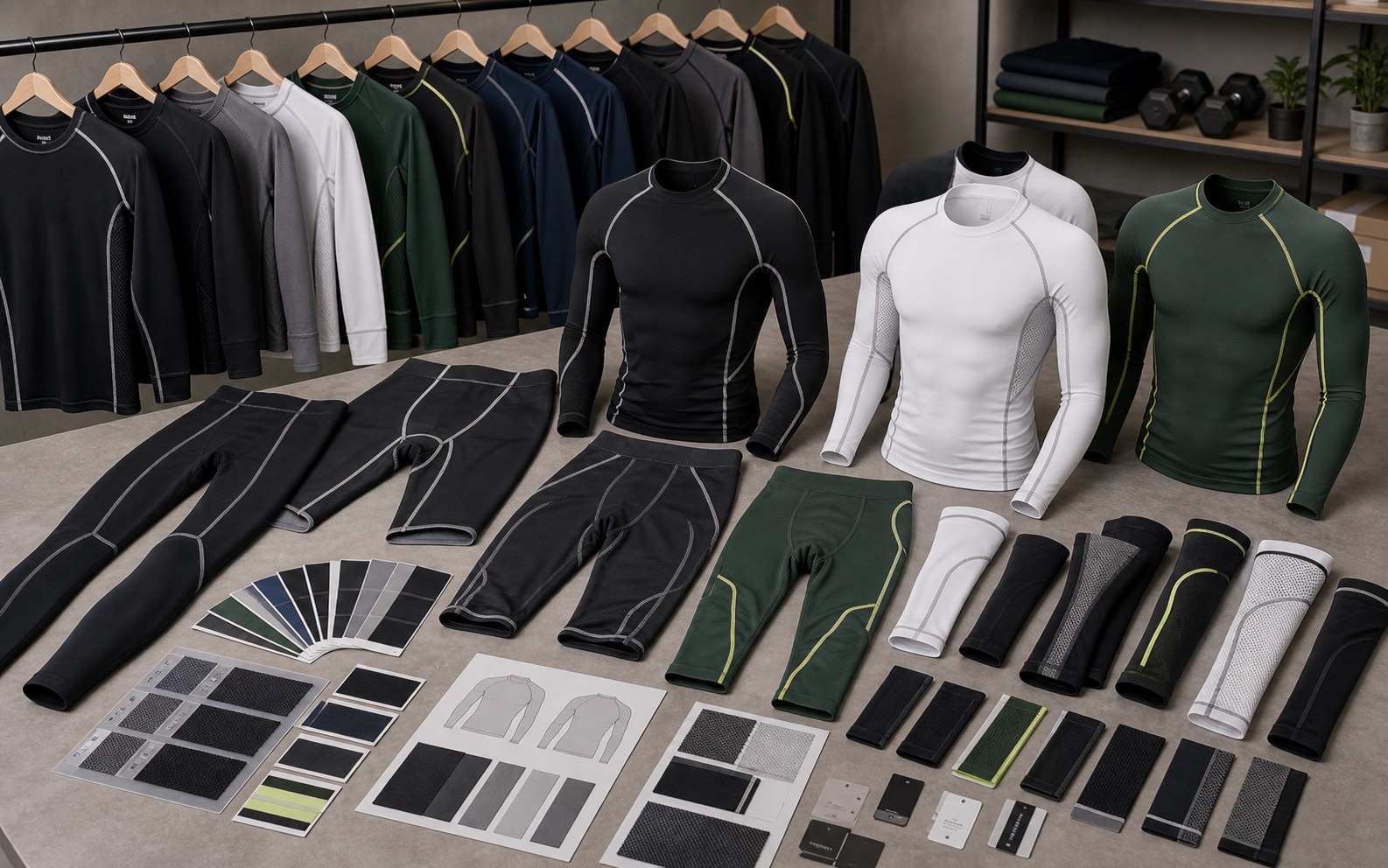 Private label compression training layers with long sleeve tops half tights mesh panels labels and logo placement