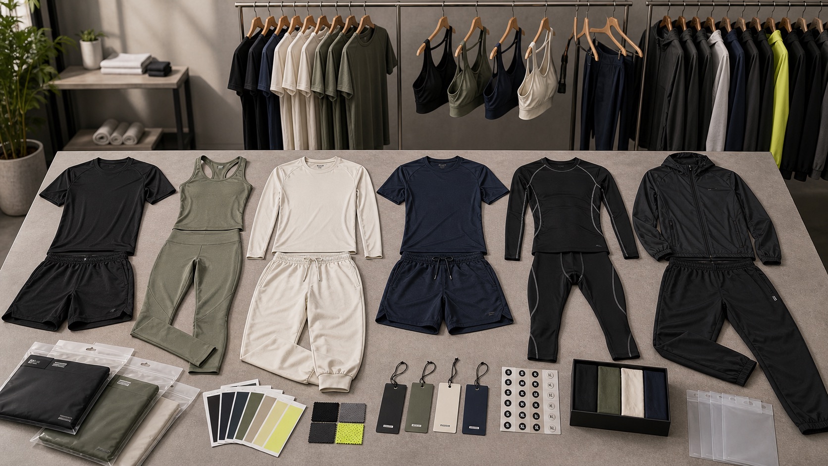 Custom coordinated training sets for men and women with tees shorts leggings joggers jackets hangtags and packaging