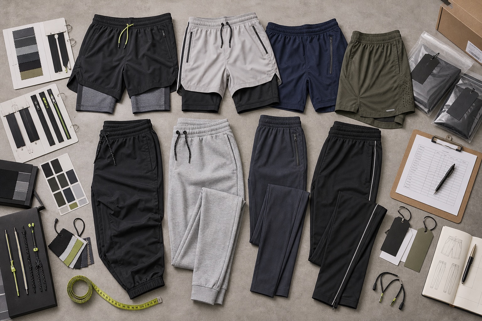 Private label training shorts and joggers with gym shorts running shorts track pants waistbands zipper pockets labels and packaging