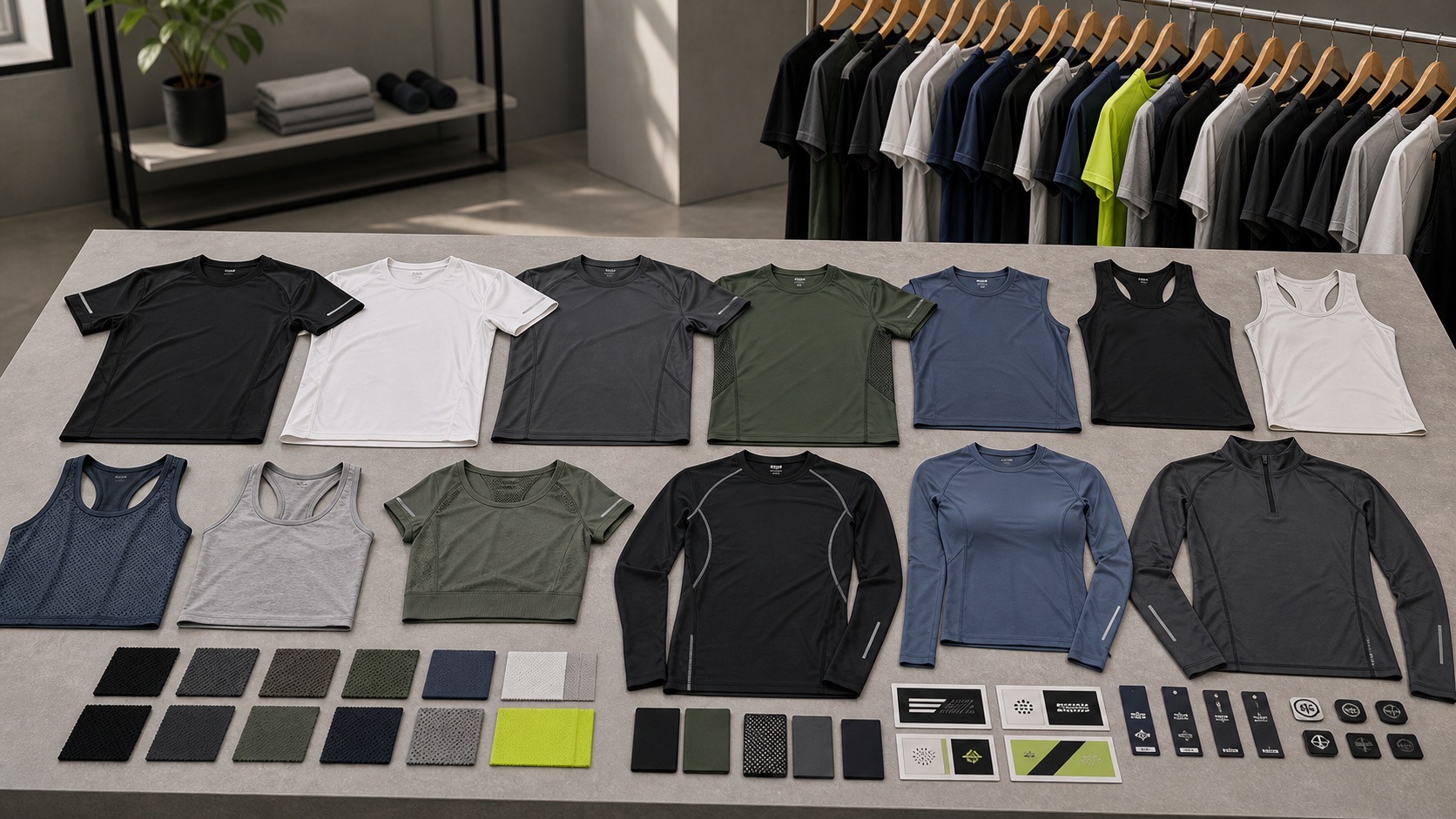 Custom training tops OEM ODM gym tees tanks crop tops long sleeves compression shirts and quick dry fabric swatches