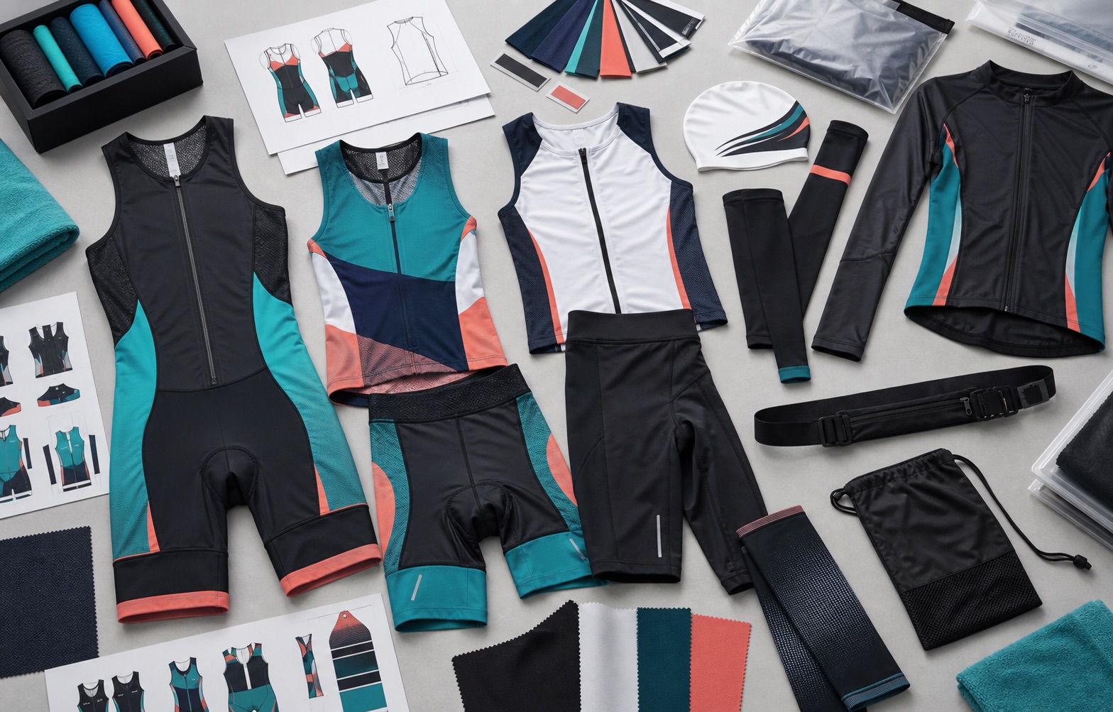 Tri suits race jerseys race singlets compression shorts arm sleeves swim caps race belts fabric swatches and event packaging