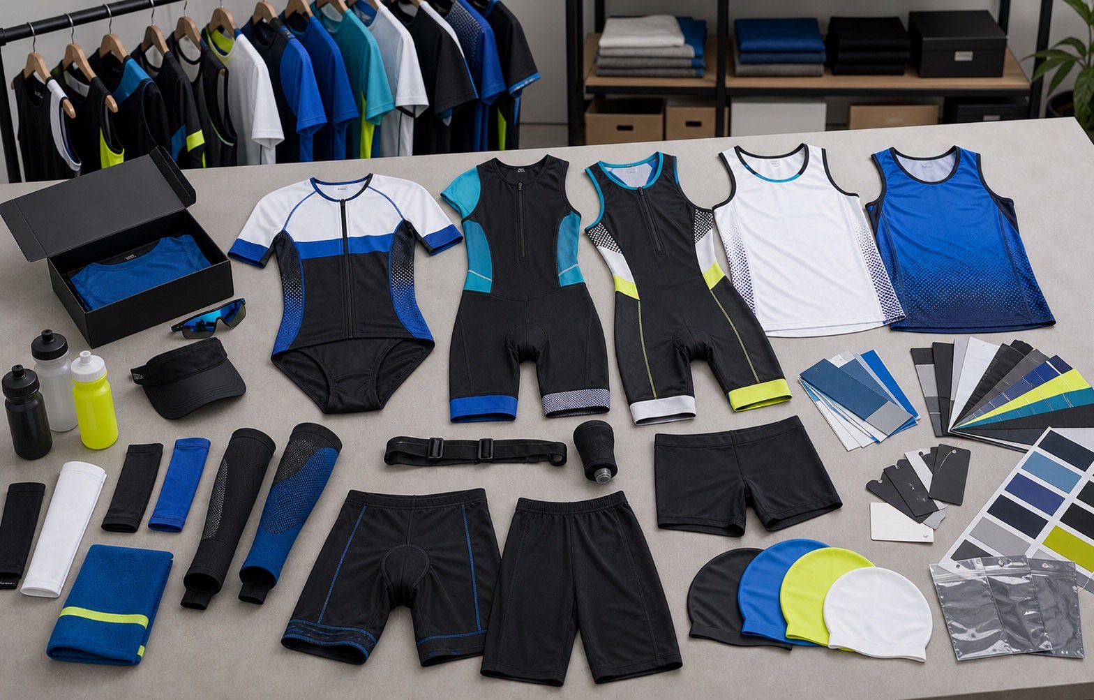 Custom triathlon and endurance apparel with tri suits race jerseys running singlets compression shorts sleeves swim caps labels and packaging