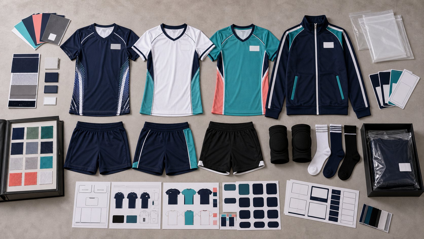 Volleyball jerseys libero colorways shorts warm-up jacket knee pads socks number sheets and labels