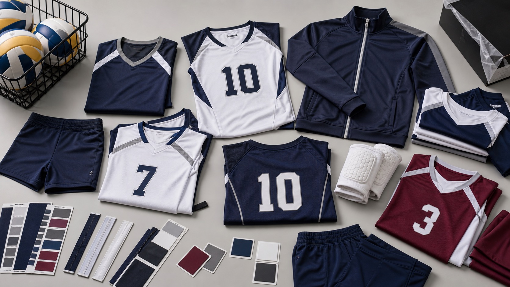 Custom volleyball uniforms with jerseys spandex shorts knee pads libero colorways warm up jackets and team patches