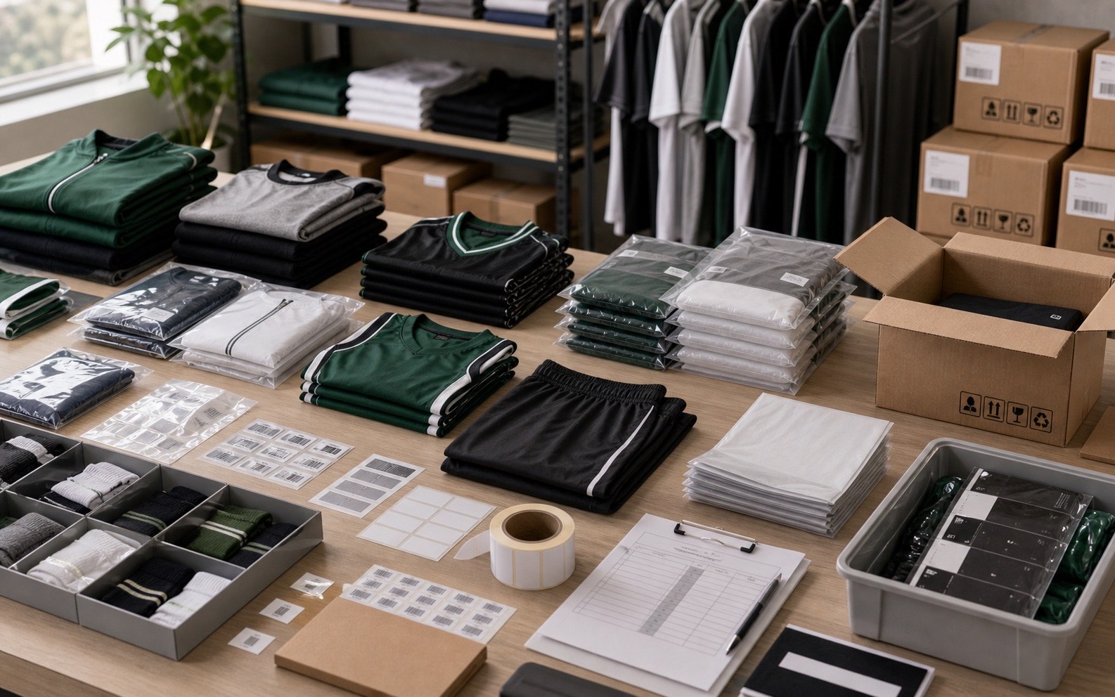 Wholesale sportswear packing station with SKU sorting size stickers barcode labels and carton marks