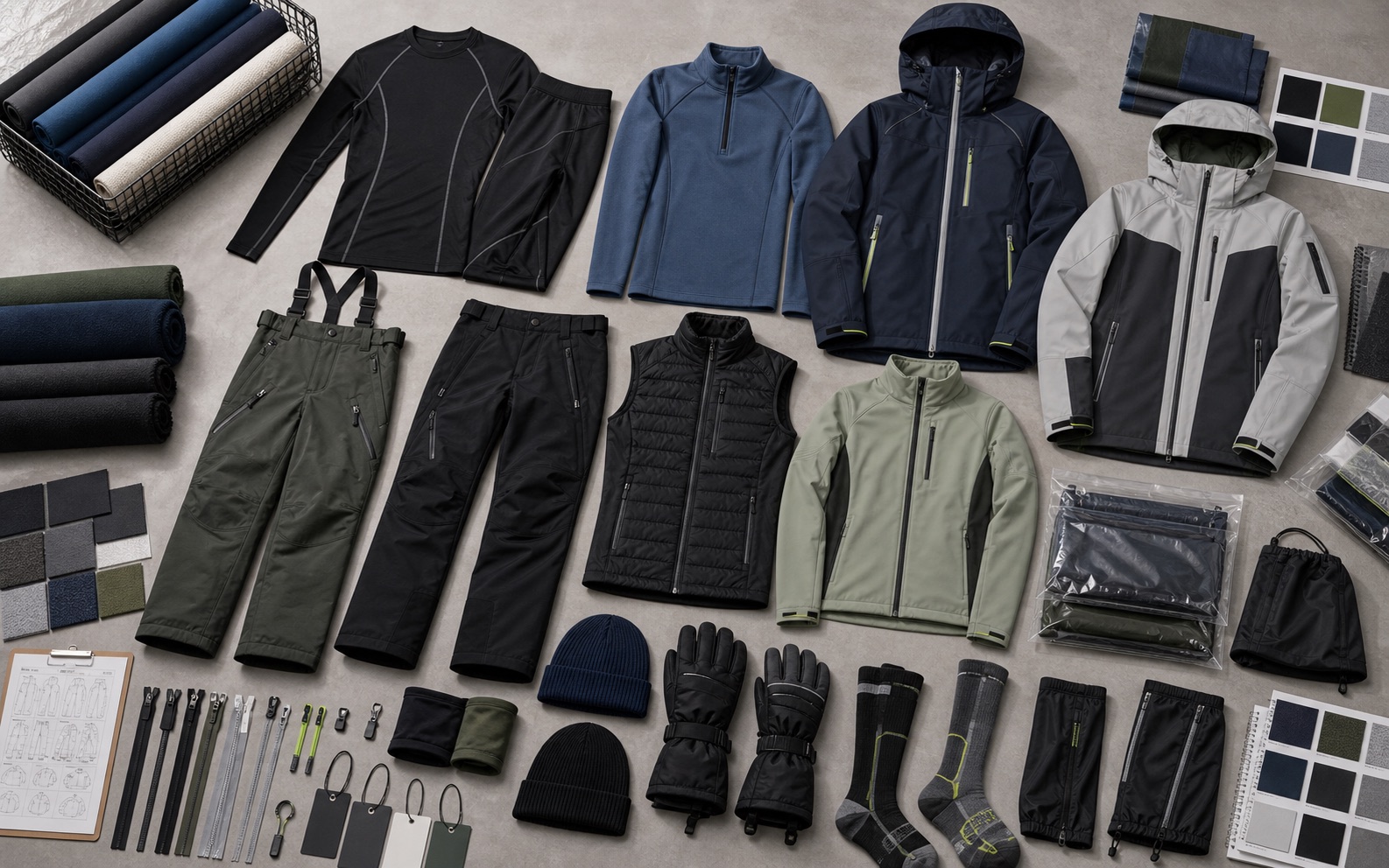 Custom winter sports and ski apparel with thermal base layers fleece midlayers softshell jackets snow pants beanies gloves labels and packaging