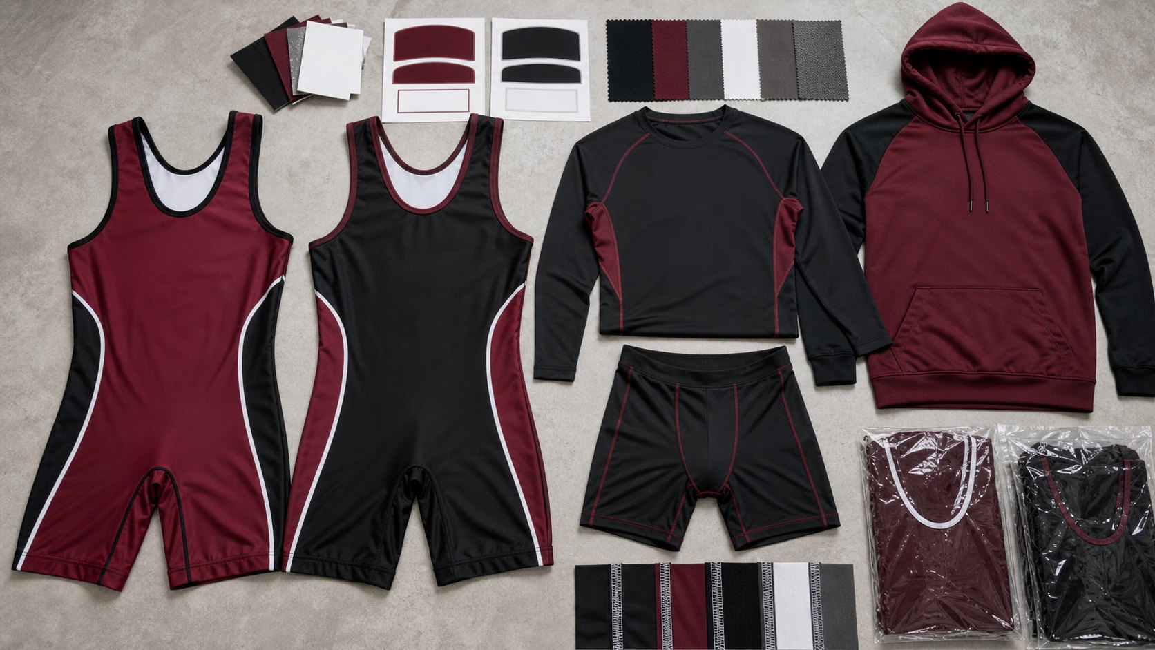 Custom wrestling singlet manufacturer catalog with compression singlets shorts warm-up apparel school logos labels and athlete packing