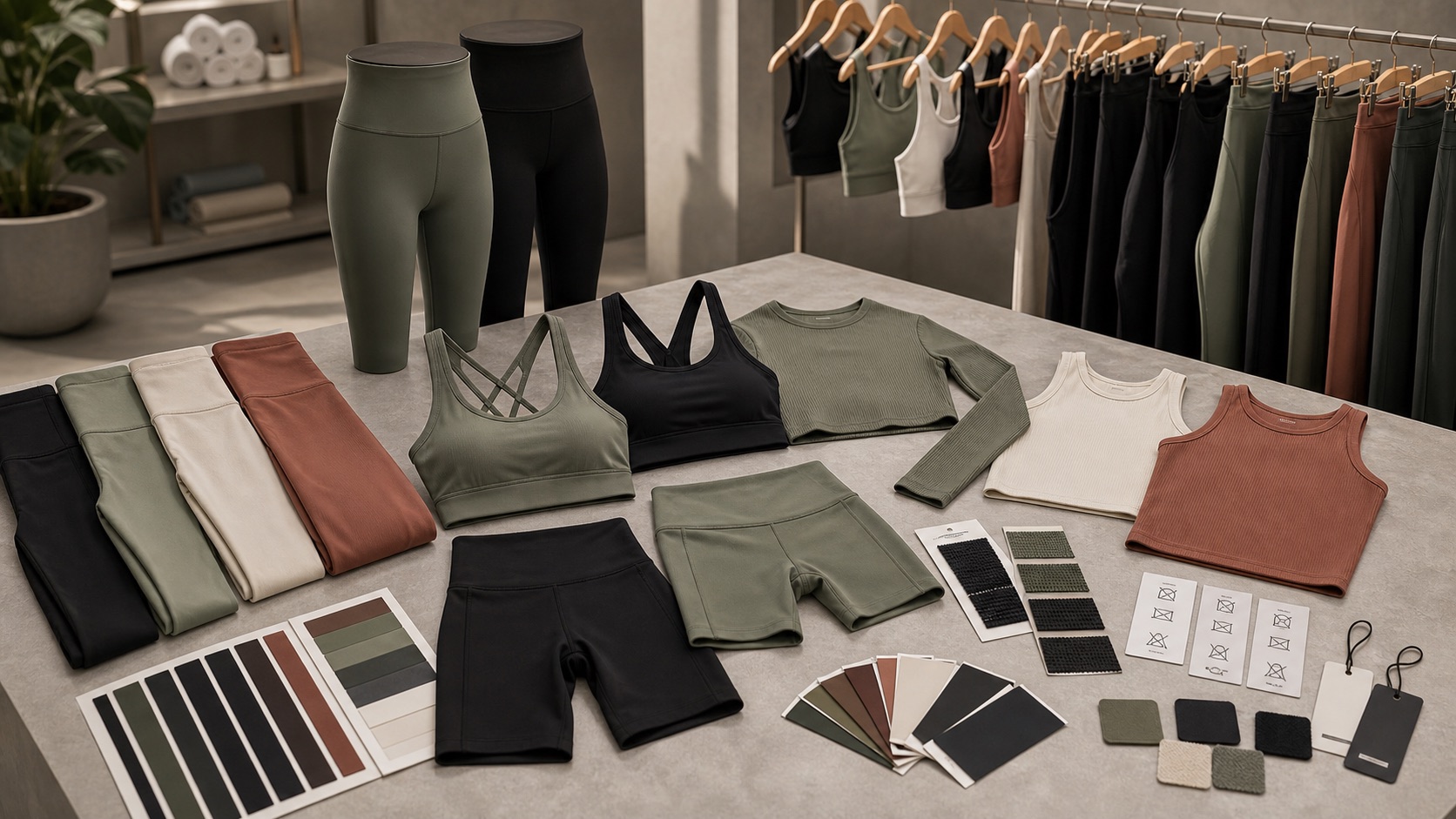 Private label yoga activewear capsule with leggings sports bras fabric swatches labels and color cards