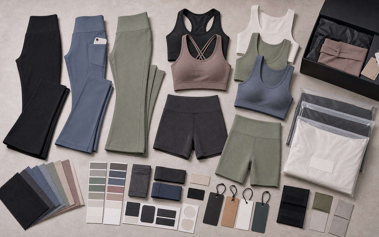 Flare leggings ribbed yoga sets pocket leggings sports bras biker shorts color cards labels and packaging