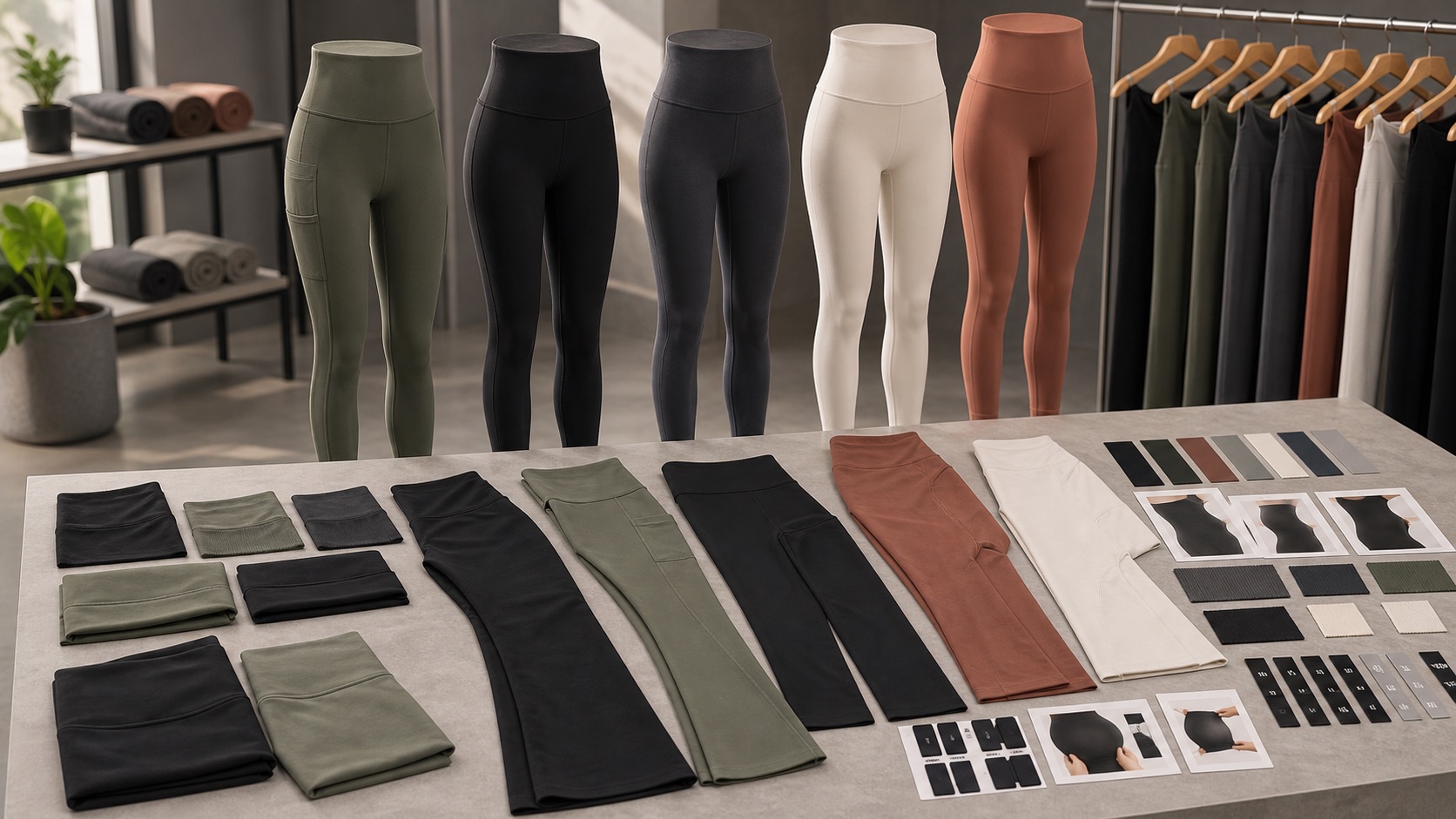 Custom high-waist yoga leggings OEM ODM product range with V waist flare pocket leggings fabric swatches and size labels