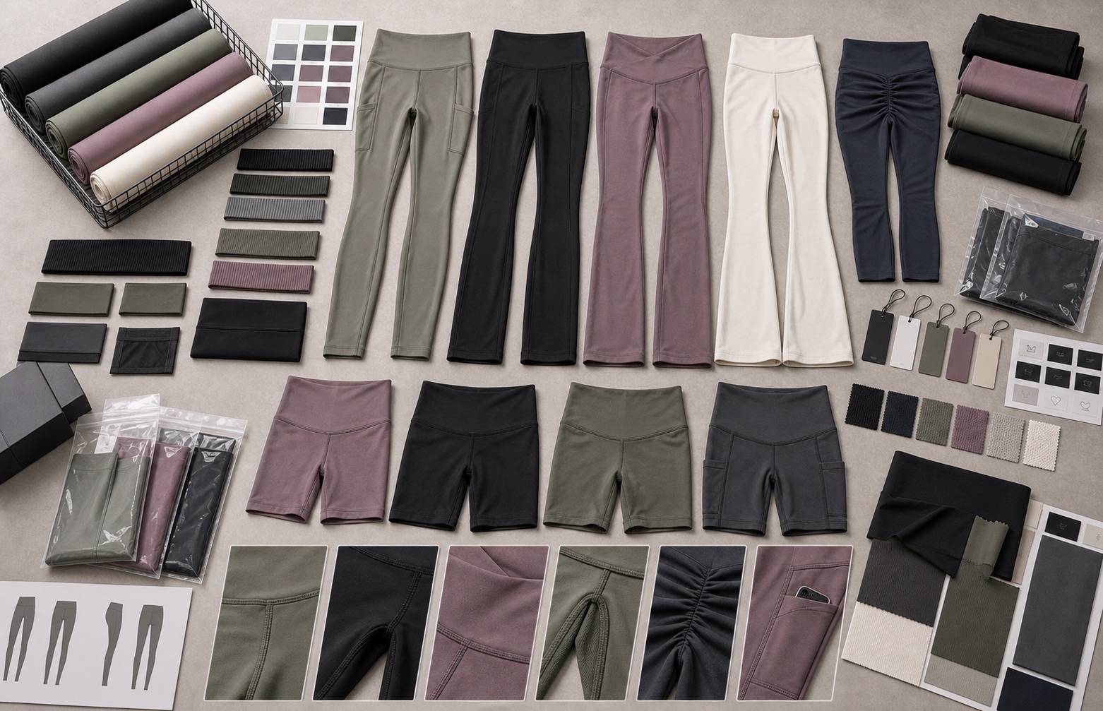 Custom yoga leggings manufacturer catalog with high-waist V-waist flare pocket scrunch leggings biker shorts fabrics labels and packaging