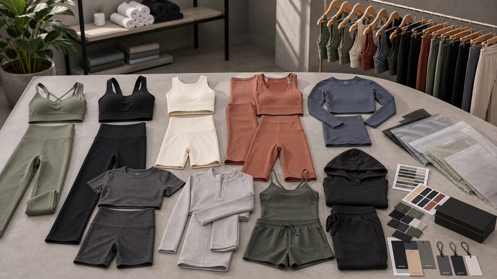 Matching yoga sets private label product range with sports bra leggings crop top biker shorts lounge layers and packaging